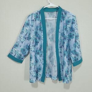 Haband Cardigan Womens Medium Petite Blue Floral Sheer Summer Lightweight